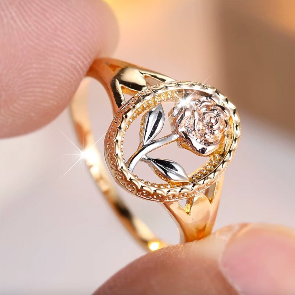NEW 18k Yellow White Rose Gold Rose Ring Flower Ring Band Tri Tone Ring - Picture 2 of 6